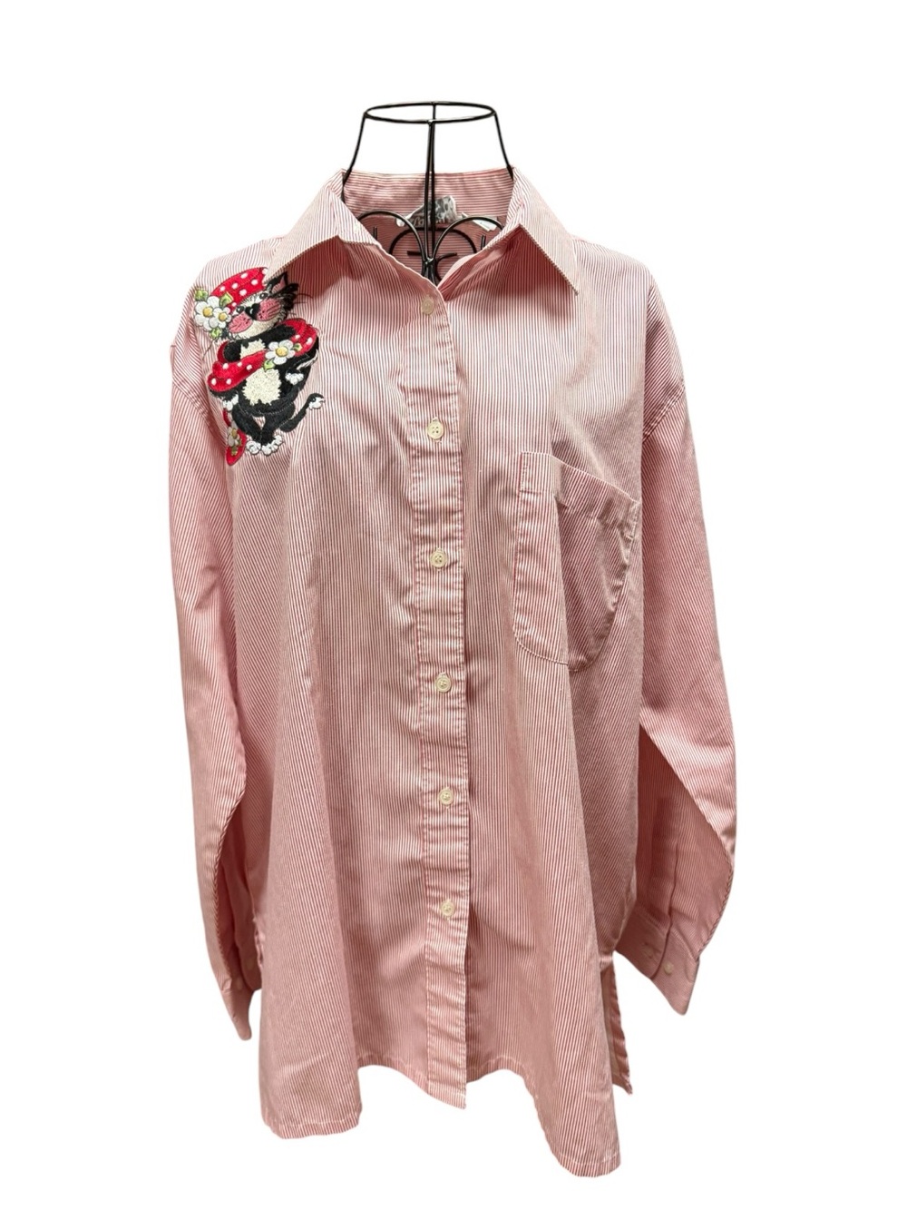 Hana Pink Striped Button-Up Shirt with Embroidered Cat 🐈‍⬛ Patch Large